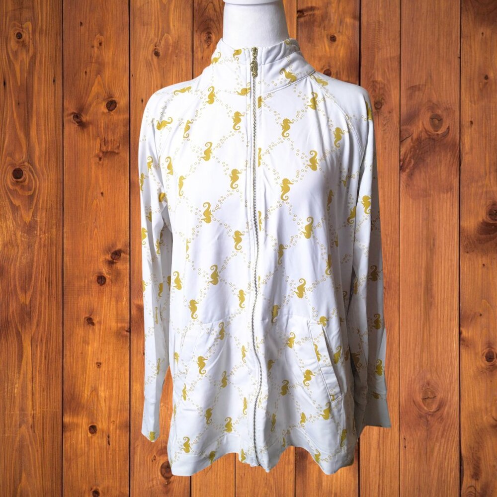 Sunset And Sweet Tea Large Seahorse Print Zip Up  Beach Stretch Coastal Jacket